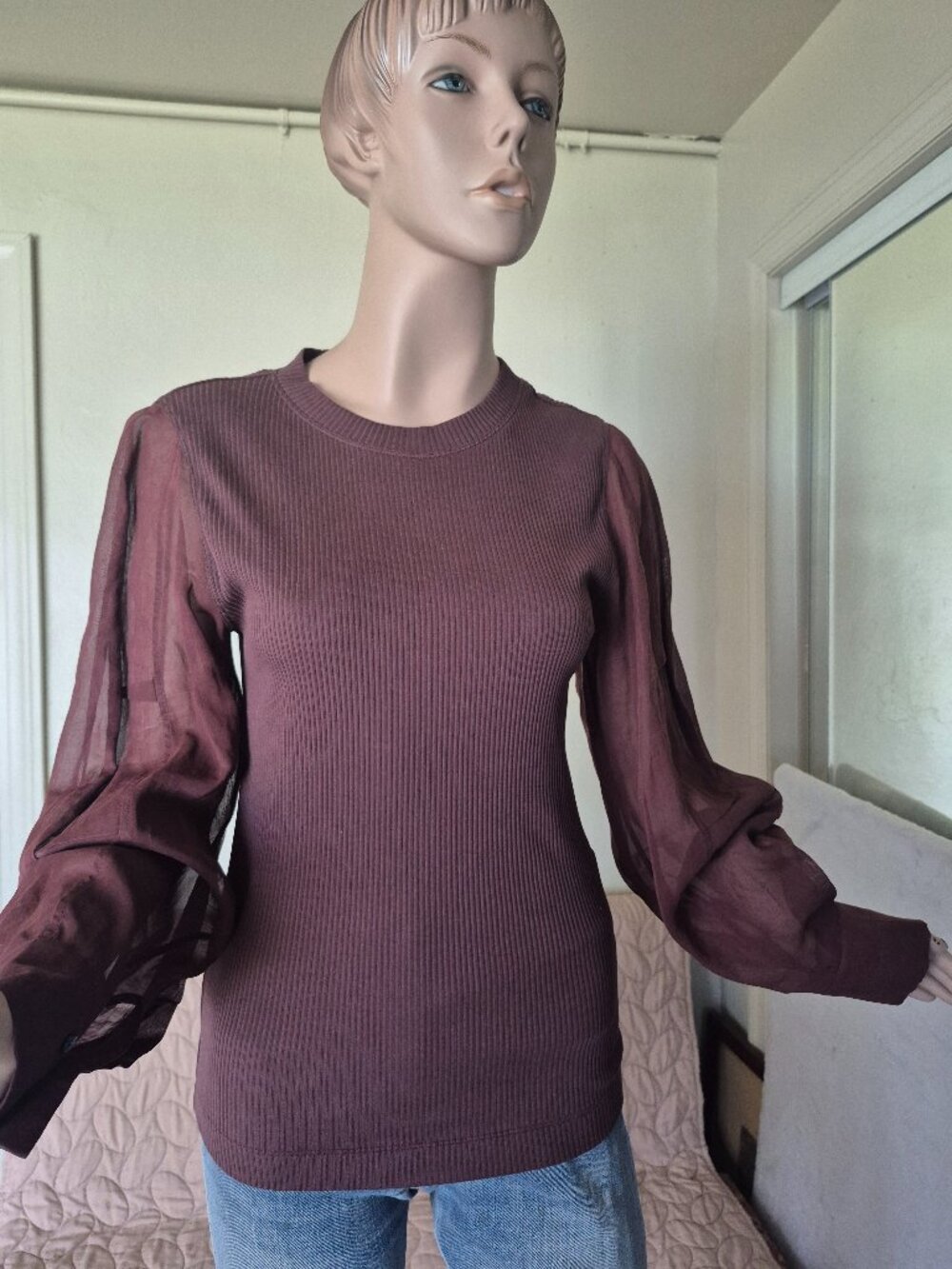 BRUNELLO CUCINELLI Tan Ribbed Cotton Top with Sheer Balloon Sleeves – Size M